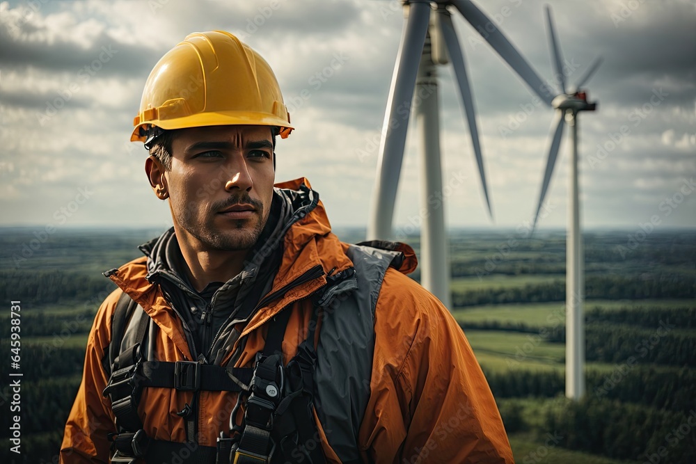 A worker standing above a wind turbine in a harness. ai generative A worker standing above a wind turbine in a harness. ai generative