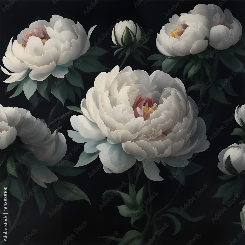 White peonies. Watercolor digital 2D painting. Painted flowers. Floral pattern. Background for design projects. Ornament for fabric and packaging design. Generative AI.