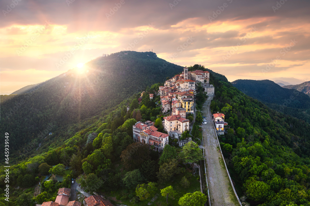 Panoramic Aerial View Of Sacro Monte Di Varese During Golden Hour 