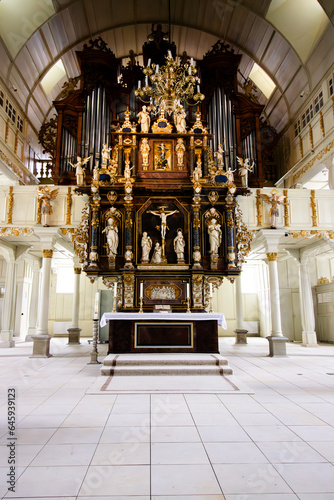 Clausthal - Zellerfeld in Germany, August 2023: Inside view of the famous wooden blue church. Biggest wooden church in Germany. Clausthal market church.