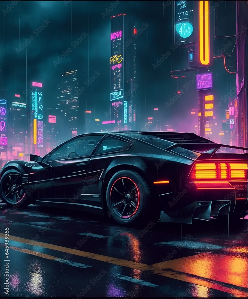 Futuristic car from the future in retro style on the background of the city. Generative AI. Futuristic car from the future in retro style on the background of the city. Generative AI.