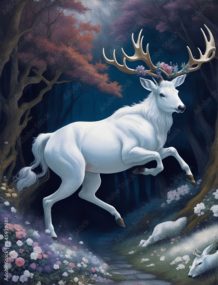 White deer in the forest. Decorative digital 2D painting. Color illustration for background. Picturesque portrait for the interior. Wall mural, poster or picture for home. Generative AI.
