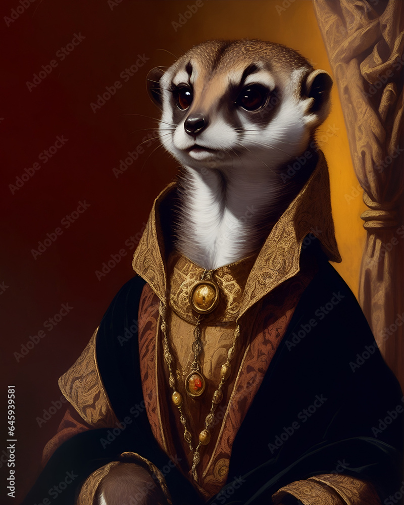 Meerkat in medieval costume. Decorative digital 2D painting. Color illustration for background. Picturesque portrait for the interior. Wall mural, poster or picture for home. Generative AI.