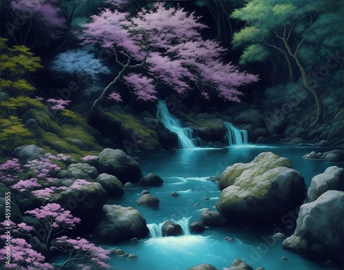 Waterfall in the fairy forest. Decorative digital 2D painting. Color illustration for background. Watercolor landscape for the interior. Wall mural  poster or picture for home. Generative AI.