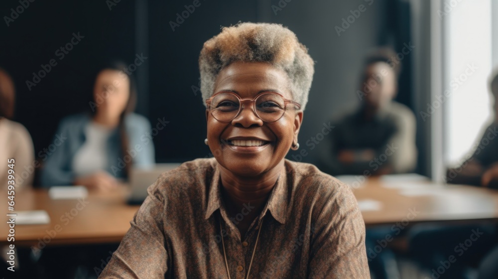 An experienced senior woman presides over an office meeting. Generative AI