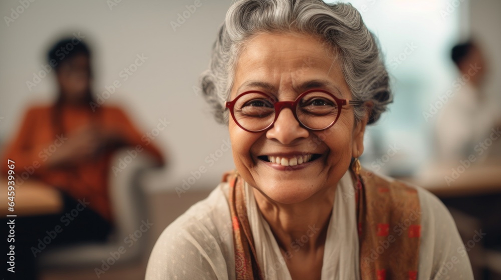 A senior woman is in control of an office meeting. Generative AI A senior woman is in control of an office meeting. Generative AI
