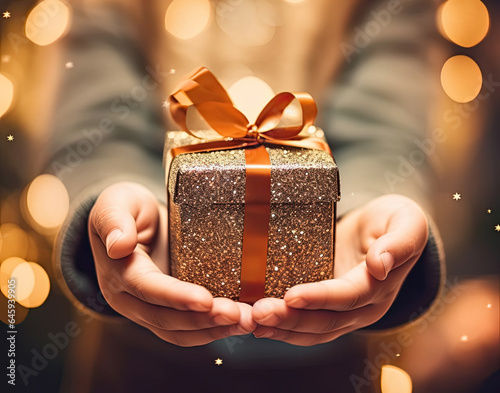 Hands of kid giving gift box wrapped by glitter paper with orange color ribbon against bokeh background of golden sparkling lights © sommersby