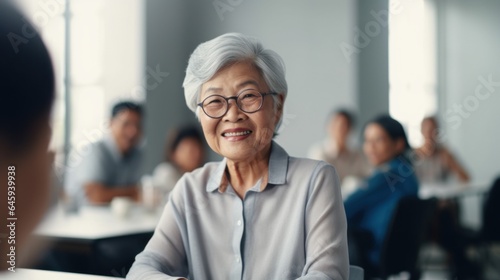 At the office, an Asian senior female takes the lead in a meeting. Generative AI
