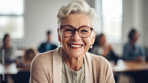 An older woman leads an office gathering. Generative AI