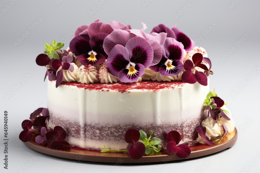 A cake with flowers on top of it. Fictional image. Eadible flowers decoration.