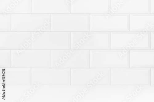 Elegant white abstract stage with white glossy ceramic rectangle tile wall  mockup abstract interior of bathroom  kitchen or scene for presentation  show  design in classic mediterranean style.
