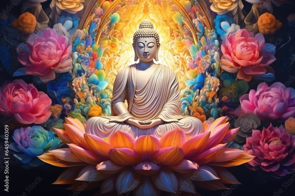 glowing golden buddha and 3d multicolored flowers and lotuses background