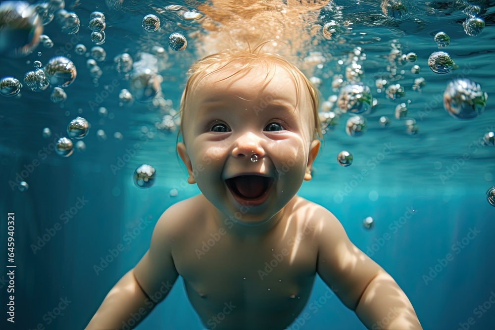 Adorable baby experiencing the joy of swimming in a pool first time. With a big smile on face. Generative AI