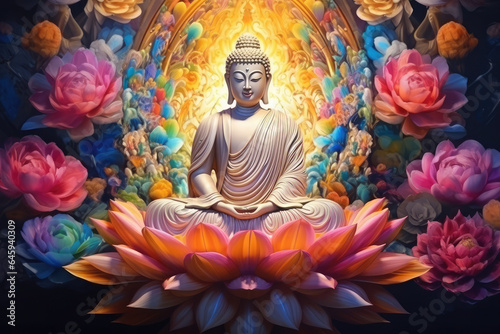glowing golden buddha and 3d multicolored flowers and lotuses background