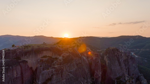 Meteora, Kalabaka, Greece. Monastery of the Transfiguration of the Saviour. Meteora - rocks, up to 600 meters high. There are 6 active Greek Orthodox monasteries listed on the UNESCO list, Aerial View