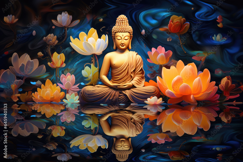 glowing golden buddha and 3d multicolored flowers and lotuses background