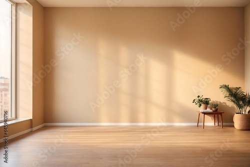 Beige wall empty apartment room with wooden floor. ai generative photo