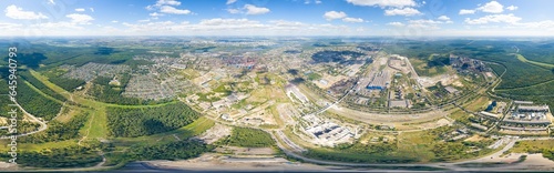 Lipetsk, Russia. Metallurgical plant. Blast furnaces. City view in summer. Sunny day. Panorama 360. Aerial view