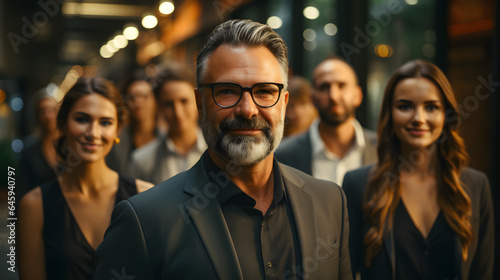 a happy office team with a man in office suit