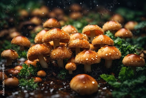 Fresh champignones mushrooms with water drops background. ai generative