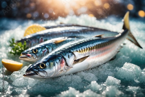 Fresh mackerel fish Scomber scrombrus on ice Seafood. ai generative photo