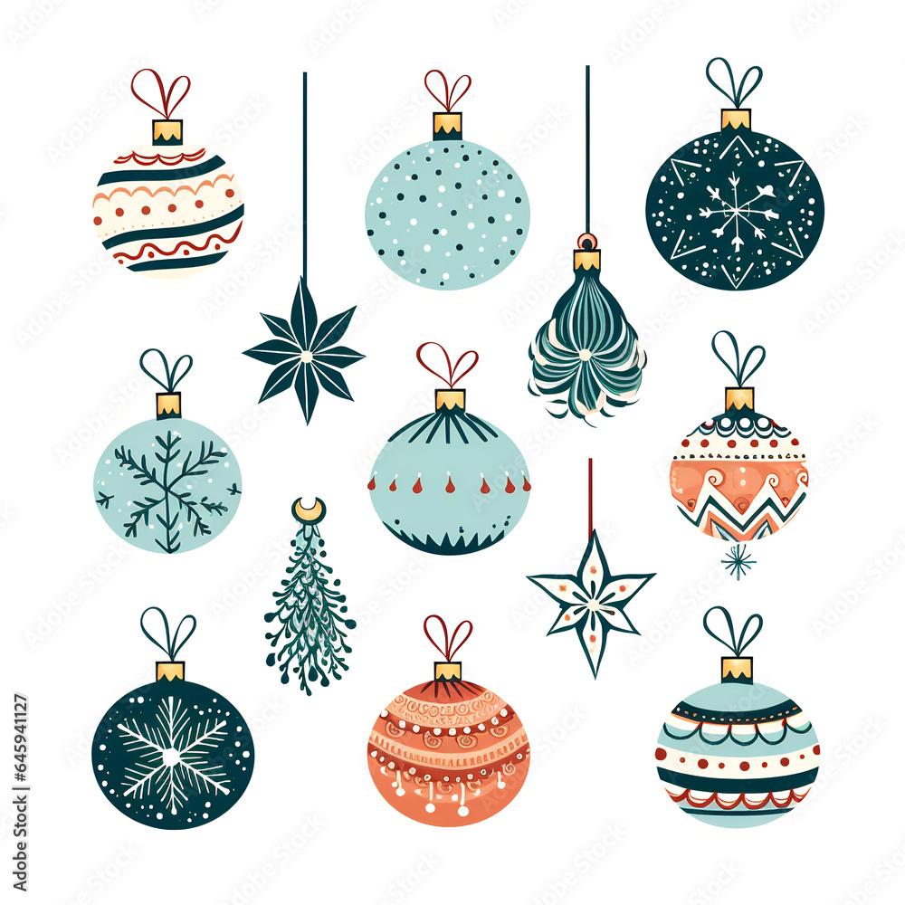 Set of cute christmas tree balls and ornaments on white background. Collection of stickers and designs for the holidays.