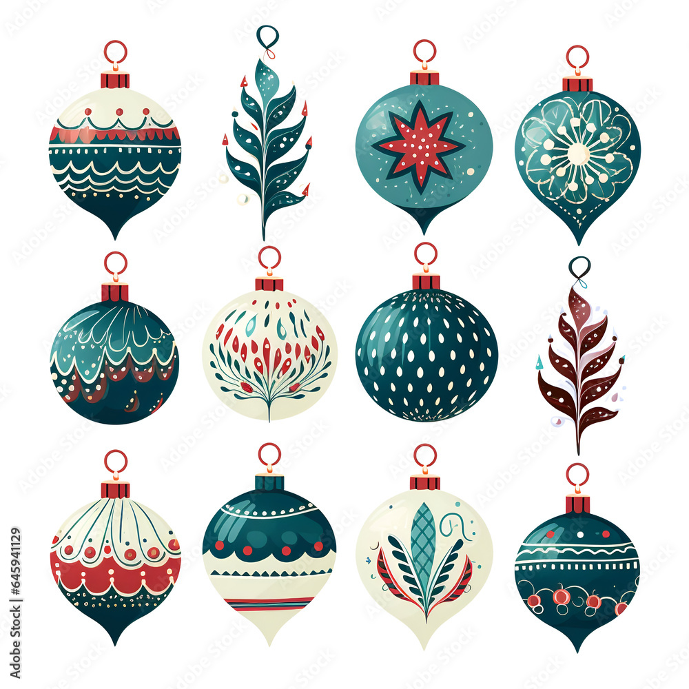 Set of cute christmas tree balls and ornaments on white background. Collection of stickers and designs for the holidays.