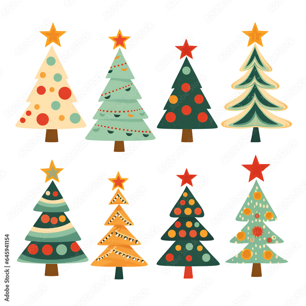 Set sheet of different styles cute cartoon christmas trees isolated on white background. Decoration for the holidays.