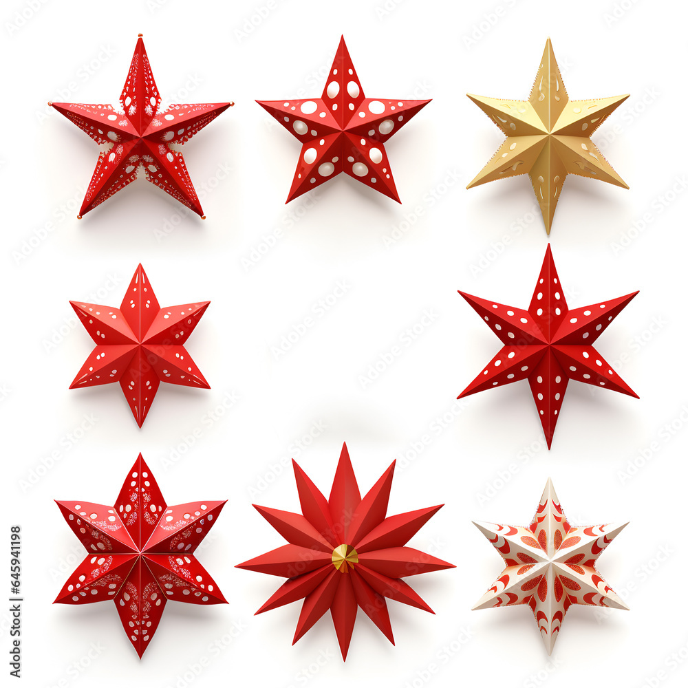 Collection of 3d christmas stars in different styles isolated on white background. Set of shaped ornaments.