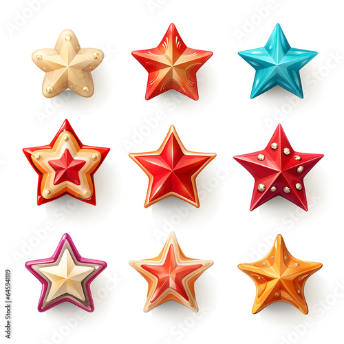 Collection of 3d christmas stars in different styles isolated on white background. Set of shaped ornaments.
