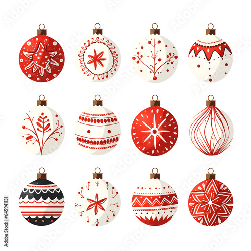 Set of cute christmas tree balls and ornaments on white background. Collection of stickers and designs for the holidays.