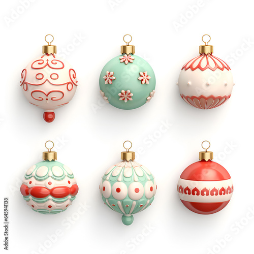 Set of cute christmas tree balls and ornaments on white background. Collection of stickers and designs for the holidays.
