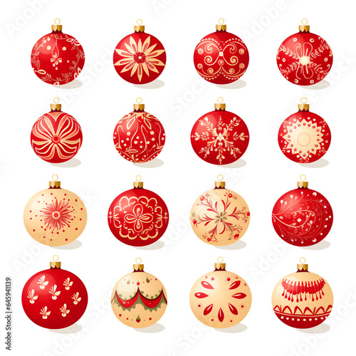 Set of cute christmas tree balls and ornaments on white background. Collection of stickers and designs for the holidays.