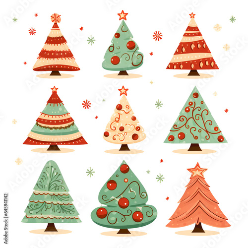 Set sheet of different styles cute cartoon christmas trees isolated on white background. Decoration for the holidays.