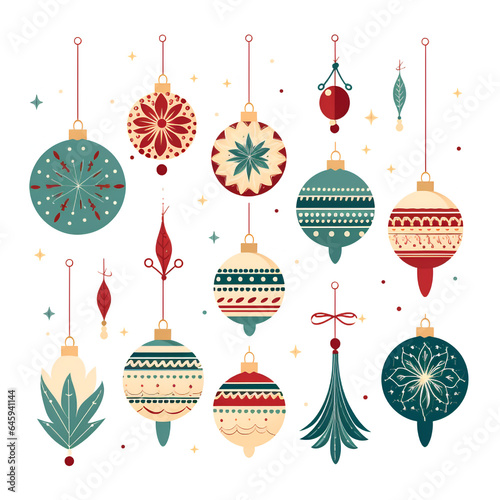 Set of cute christmas tree balls and ornaments on white background. Collection of stickers and designs for the holidays.
