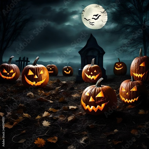 Halloween background with haunted house ghost bats and pumpkins graves photo