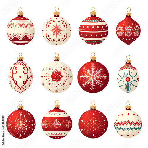 Set of cute christmas tree balls and ornaments on white background. Collection of stickers and designs for the holidays.