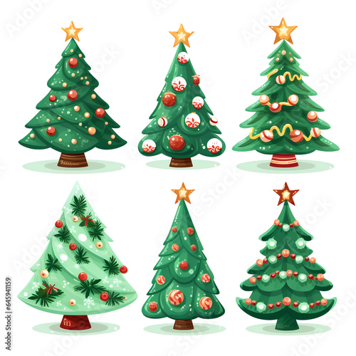 Set sheet of different styles cute cartoon christmas trees isolated on white background. Decoration for the holidays.