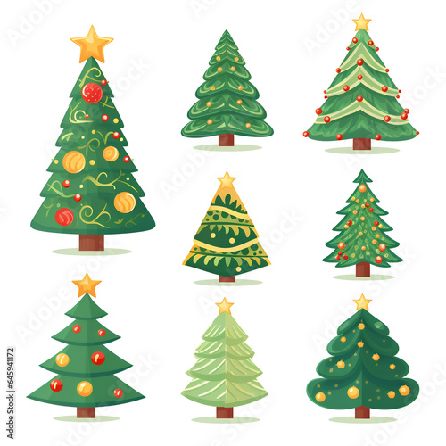 Set sheet of different styles cute cartoon christmas trees isolated on white background. Decoration for the holidays.