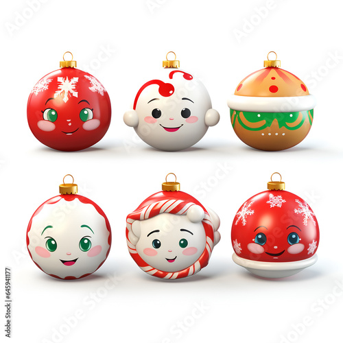 Set of cute 3D Christmas ornaments with happy face eyes and a smile