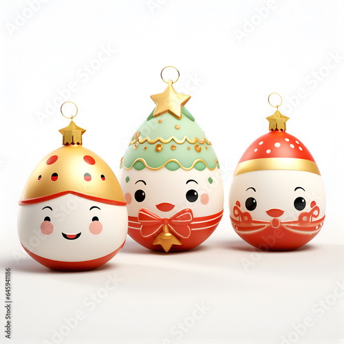 Set of cute 3D Christmas ornaments with happy face eyes and a smile