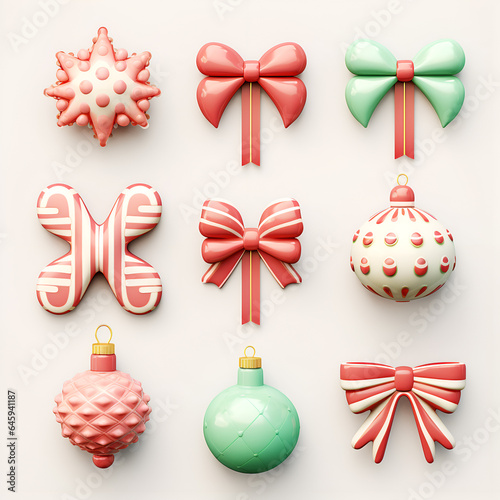 Set of 3d christmas ornaments and bows. Collection of cute decorations isolated on white background.