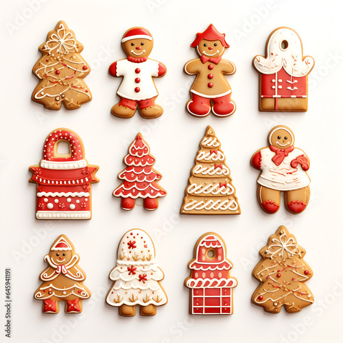 Set sheet of cute 3d traditional ginger bread cookies for christmas. DIfferent shapes. Holiday themed sweet buscuits on white background