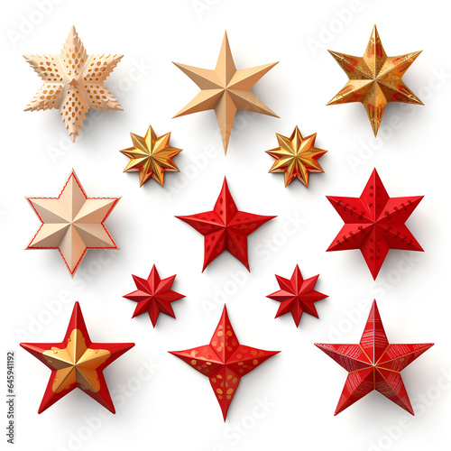 Collection of 3d christmas stars in different styles isolated on white background. Set of shaped ornaments.