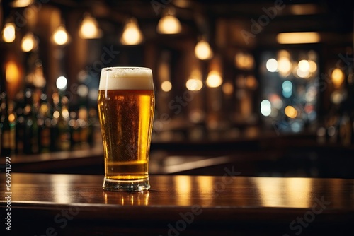 Pilsner glass of light beer on bar table. ai generative