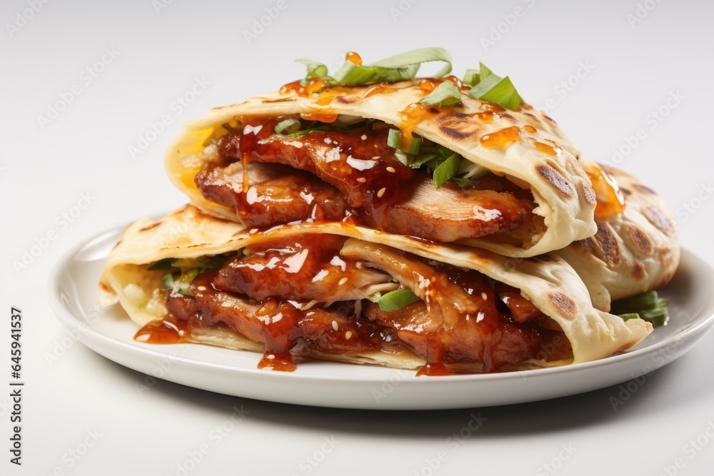 A white plate topped with a chicken quesadilla. Fictional image. Peking duck, chinese dish. A white plate topped with a chicken quesadilla. Fictional image. Peking duck, chinese dish.