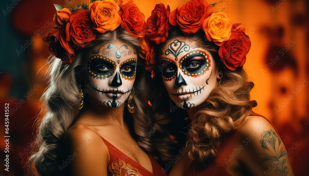 two woman with sugar skull makeup on a floral background.