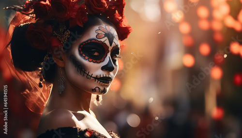 Woman with sugar skull makeup on a floral background. © terra.incognita