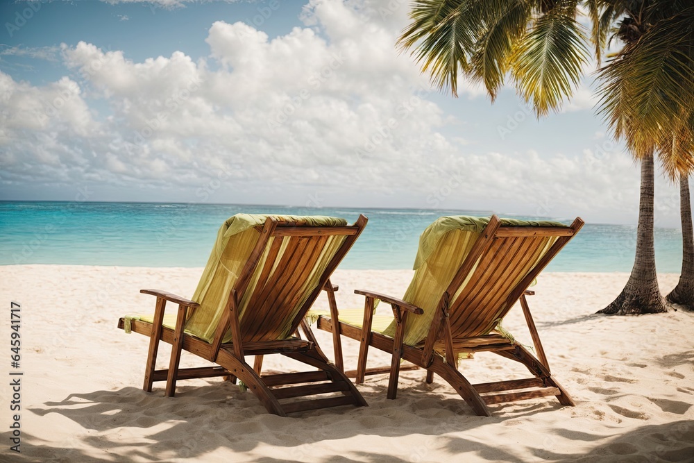 Two beach chair on beautiful tropical beach. ai generative