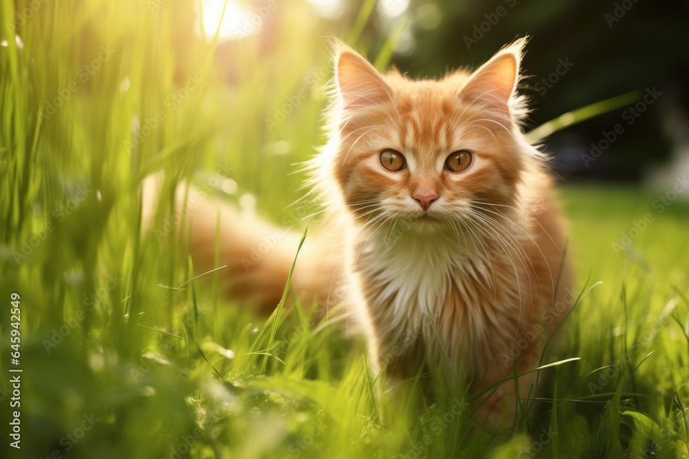 red cat sits in the green grass